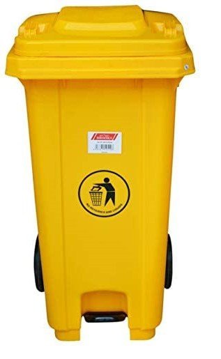 حاوية نفايات بعجال مع دعسة 100 لتر لون اصفر